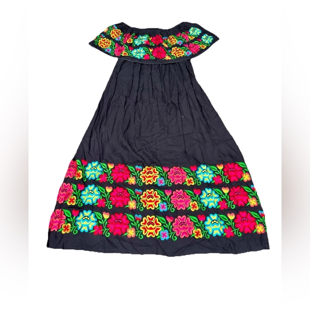 Vtg SzS-MHandmade Embroiled Colorful Floral Dress Blk/bright,mexican,Traditional